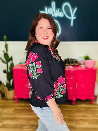 Bubble Sleeved Tulip Print Split V-Neck Top