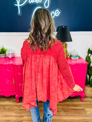 Washed Pleated Detail Long Sleeve Flare Tunic Top
