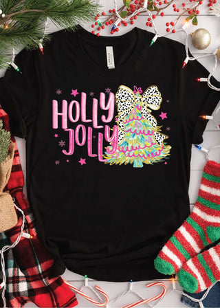 Holly Jolly Tree Black Tee - Long or Short Sleeve