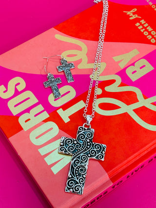 Paige Filigree Cross Necklace + Earring Set