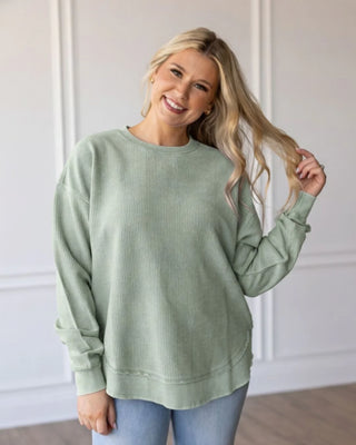 Round Bottom Corded Crew Pullover - Shale Green PREORDER