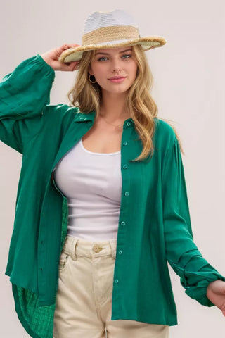 Green Pleated Balloon Sleeve Top  - PREORDER