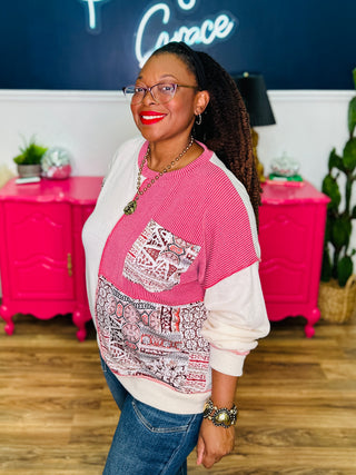 Patchwork Knit Long Sleeve Pullover Top