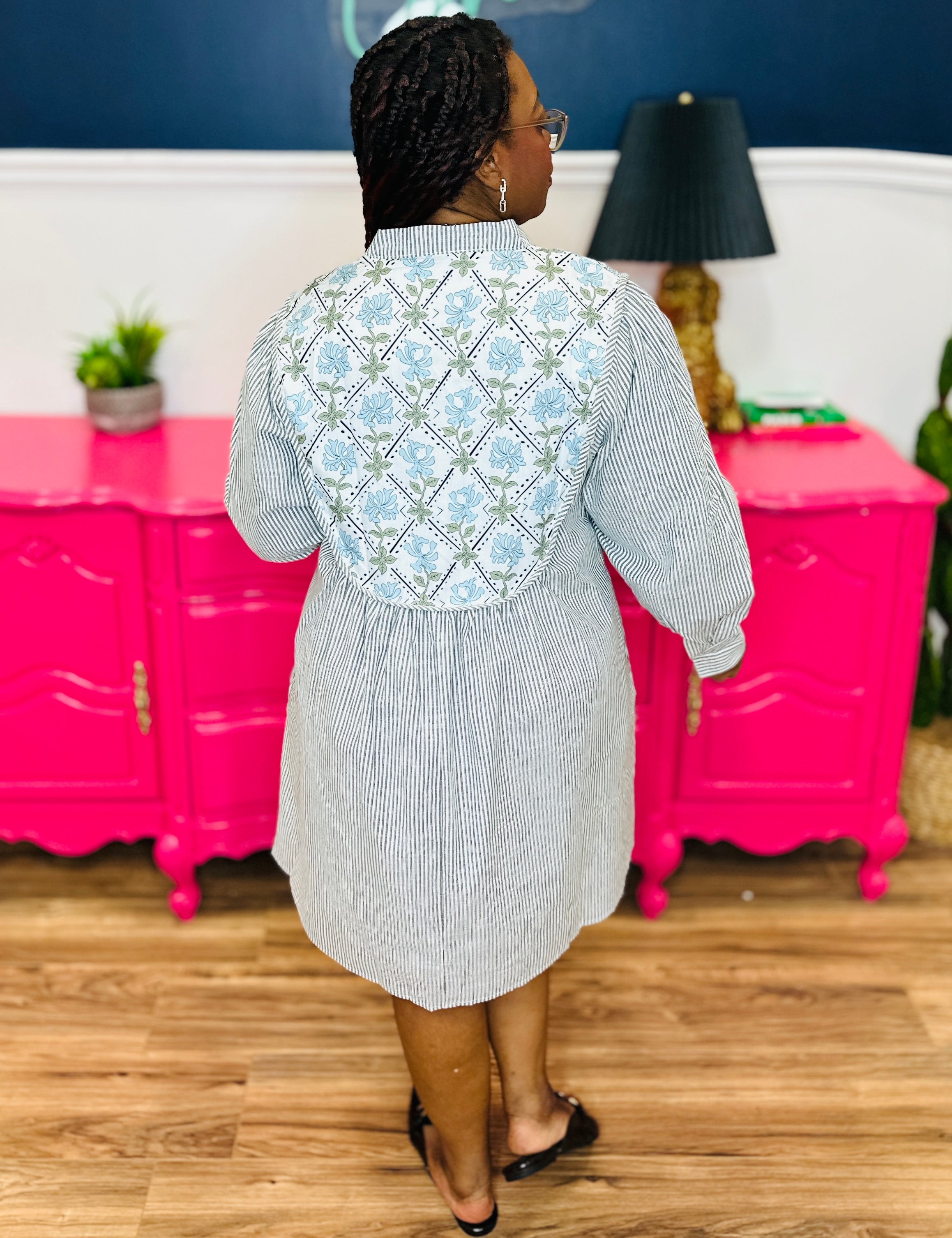 Striped Long Sleeve Dress With Decorative Neckline - FINAL SALE