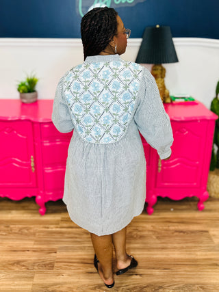 Striped Long Sleeve Dress With Decorative Neckline