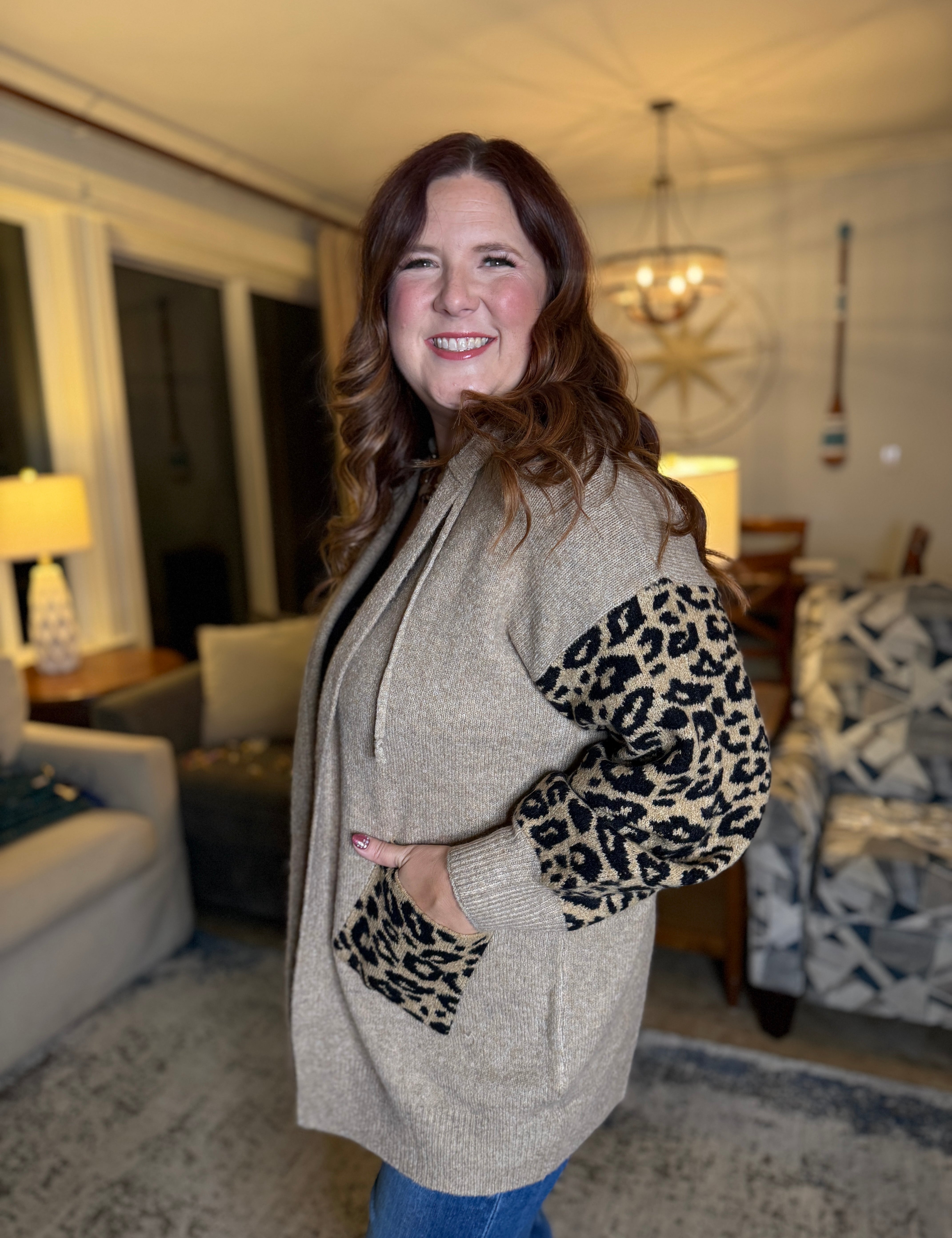 Hooded Leopard Print Contrast Cardigan With Pockets - PREORDER