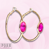 Rhinestone Oval Hammered Hoop Earring - Fuchsia