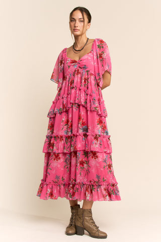 Flower Printed Chiffon Maxi Dress  - PREORDER