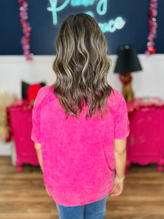 Washed Ribbed Short Sleeve Boat-Neck Top - Hot Pink