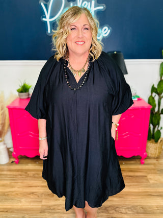 Bubble Sleeve Flowy Dress - Black