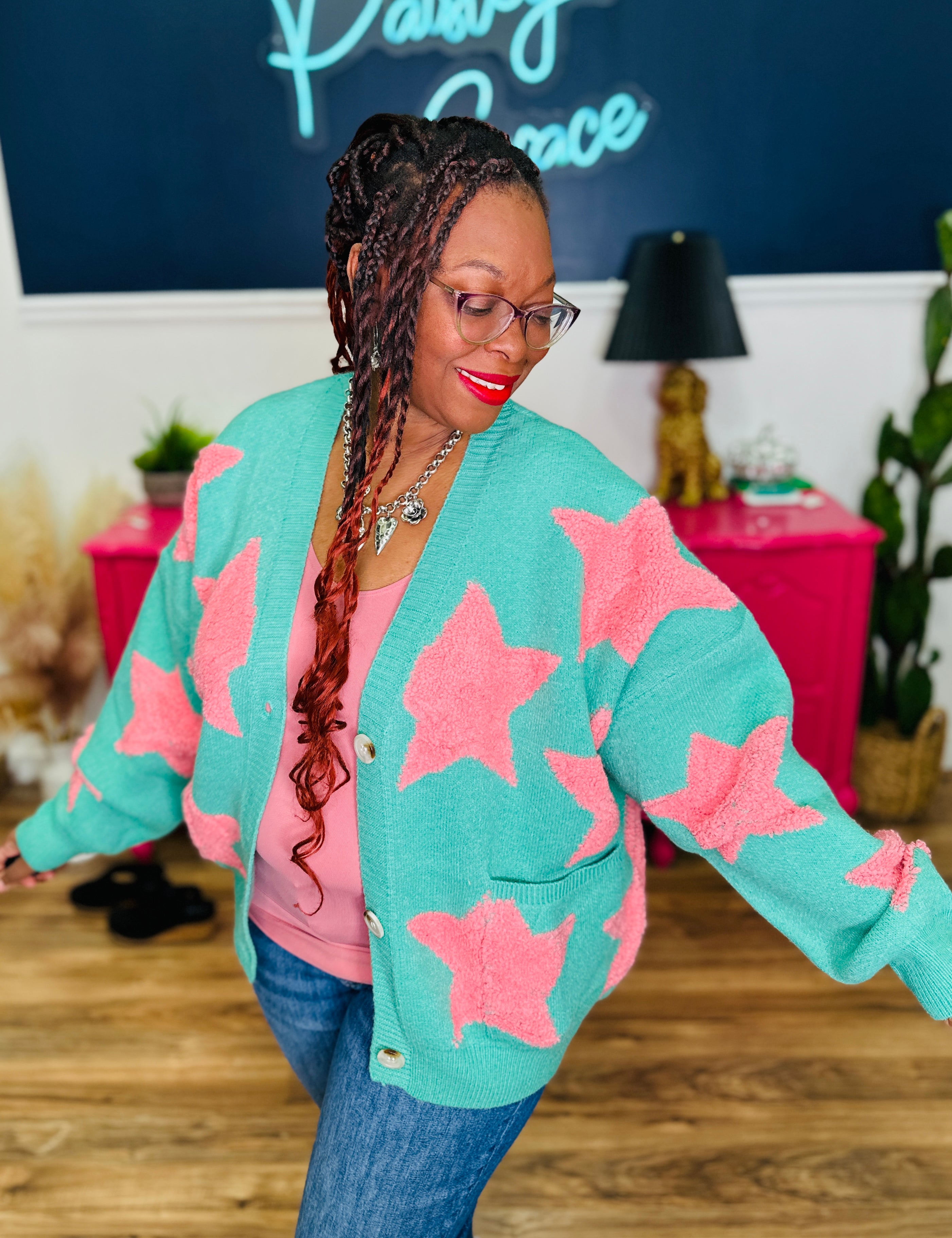 Fuzzy Knit Button Down Star Cardigan - LAST ONES FINAL SALE