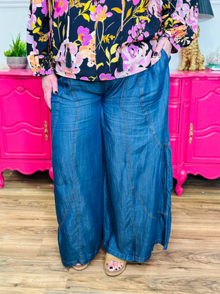 Chambray Denim Wide Palazzo Pants - Washed Dark Chambray