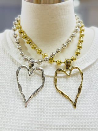 Skinny Hammered Heart Ball Chain Necklace