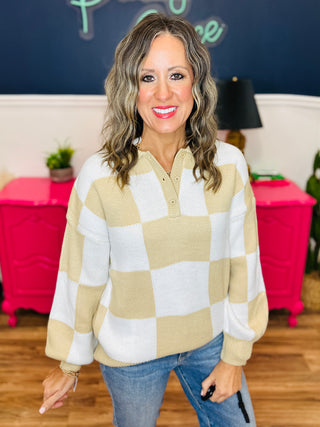 Beige Checkered Sweater with 3/4 Button Collar