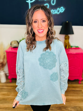 Eyelet Lace Washed Terry Pullover - Faded Teal