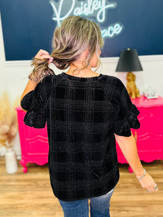 Puff Sleeve Glitter Plaid Velvet Top