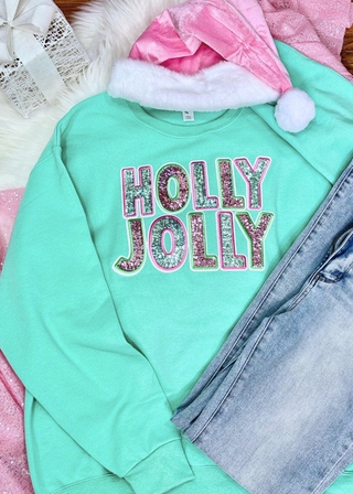 Holly Jolly Sequin Sweatshirt - Mint