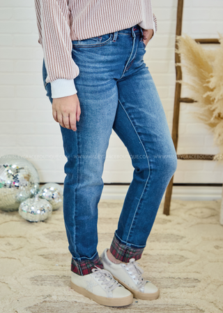 Judy Blue Plaid Cuff Mid Rise Jeans