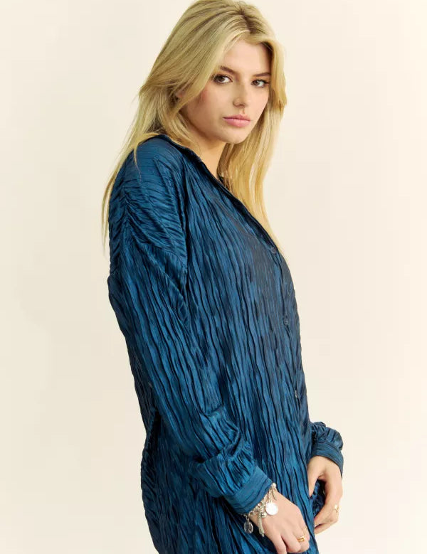 Geo-Pleated Button Down Long Sleeves Shirt Top - LAST ONES FINAL SALE