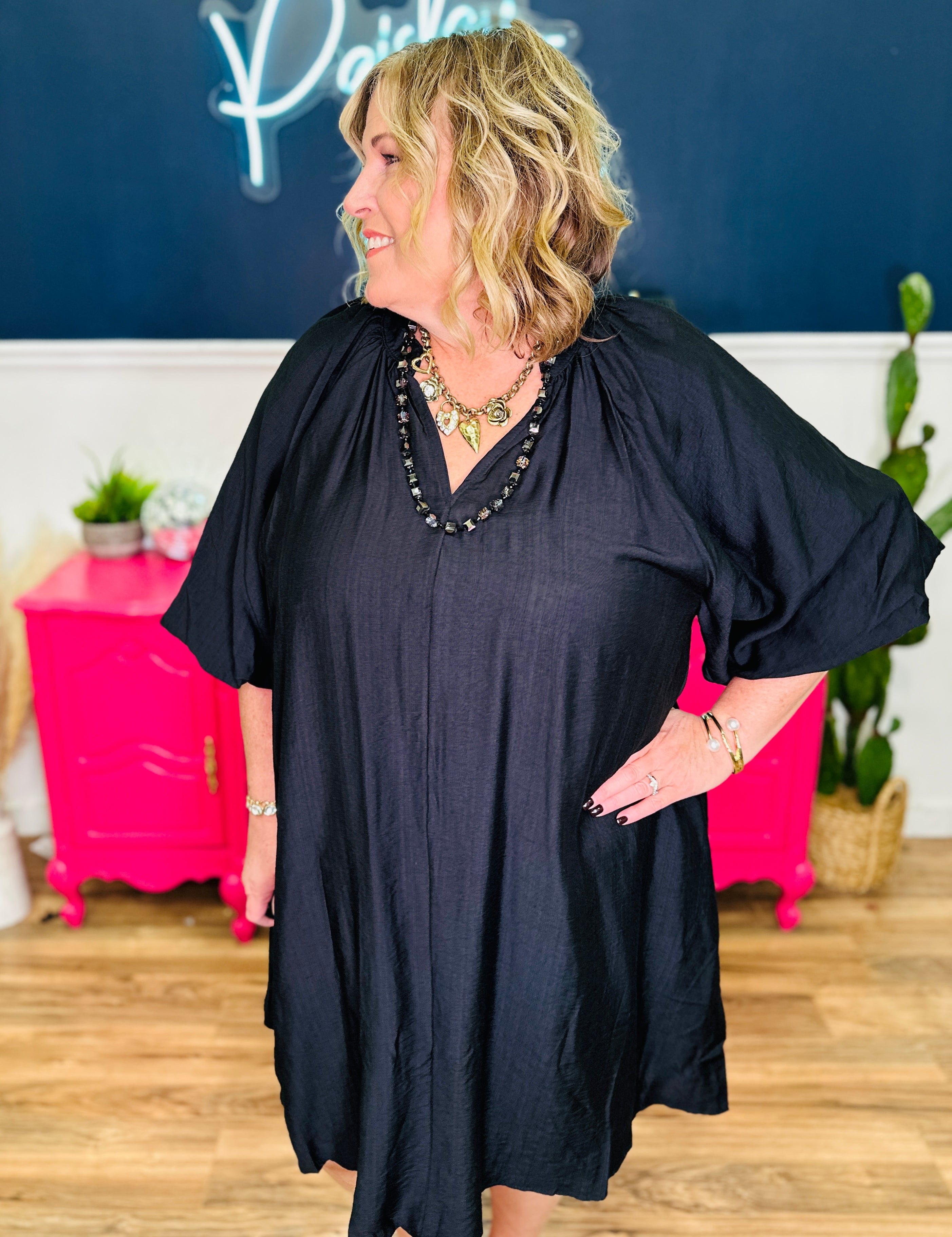 Bubble Sleeve Flowy Dress - Black - LAST ONES FINAL SALE