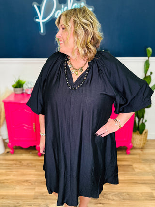 Bubble Sleeve Flowy Dress - Black