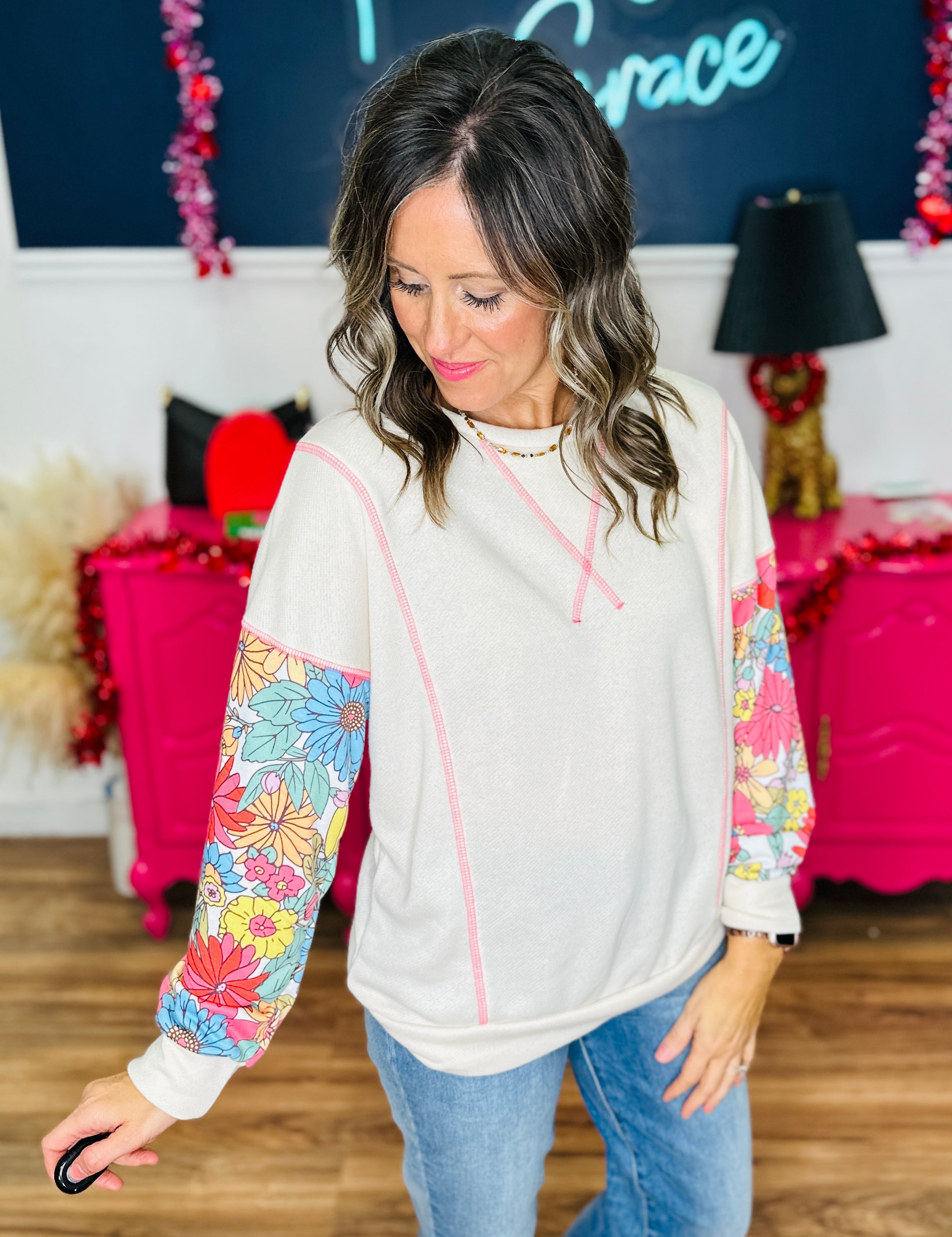 Floral Contrast Sleeve Pullover Top - FINAL SALE