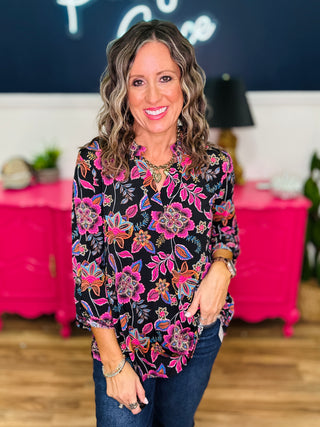 Dear Scarlett Lizzy Top In Black With Vibrant Foliage