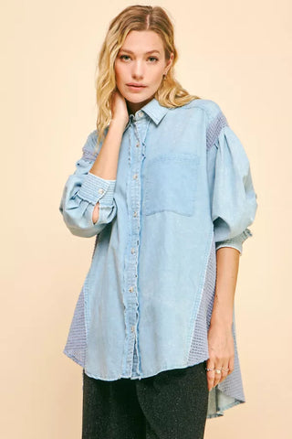 Waffle Button Down Long Sleeve Denim Shirt  - PREORDER