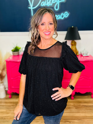 Puff Sleeve Shimmer Mesh Top