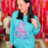 Colorful Christmas Tree Long Sleeve with Jewel Details Top - Turquoise  - PREORDER