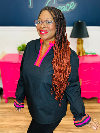Black V-Neck Long Sleeve Blouse With Pink & Red Trim