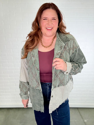 Washed Corduroy Colorblock Button Down Shacket