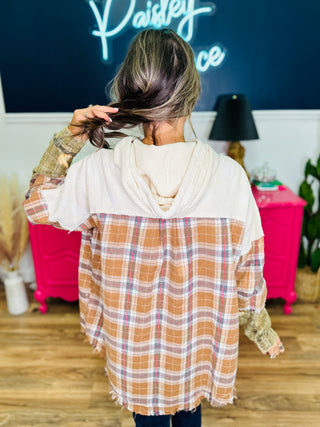 Washed Fabric Mixed Hooded Plaid Pullover Top