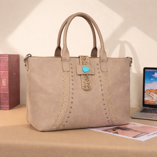 Montana West Turquoise Accent Whipstitch Tote - Tan
