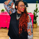 Black Top with Watercolor Animal Print Sleeves - LAST ONES FINAL SALE