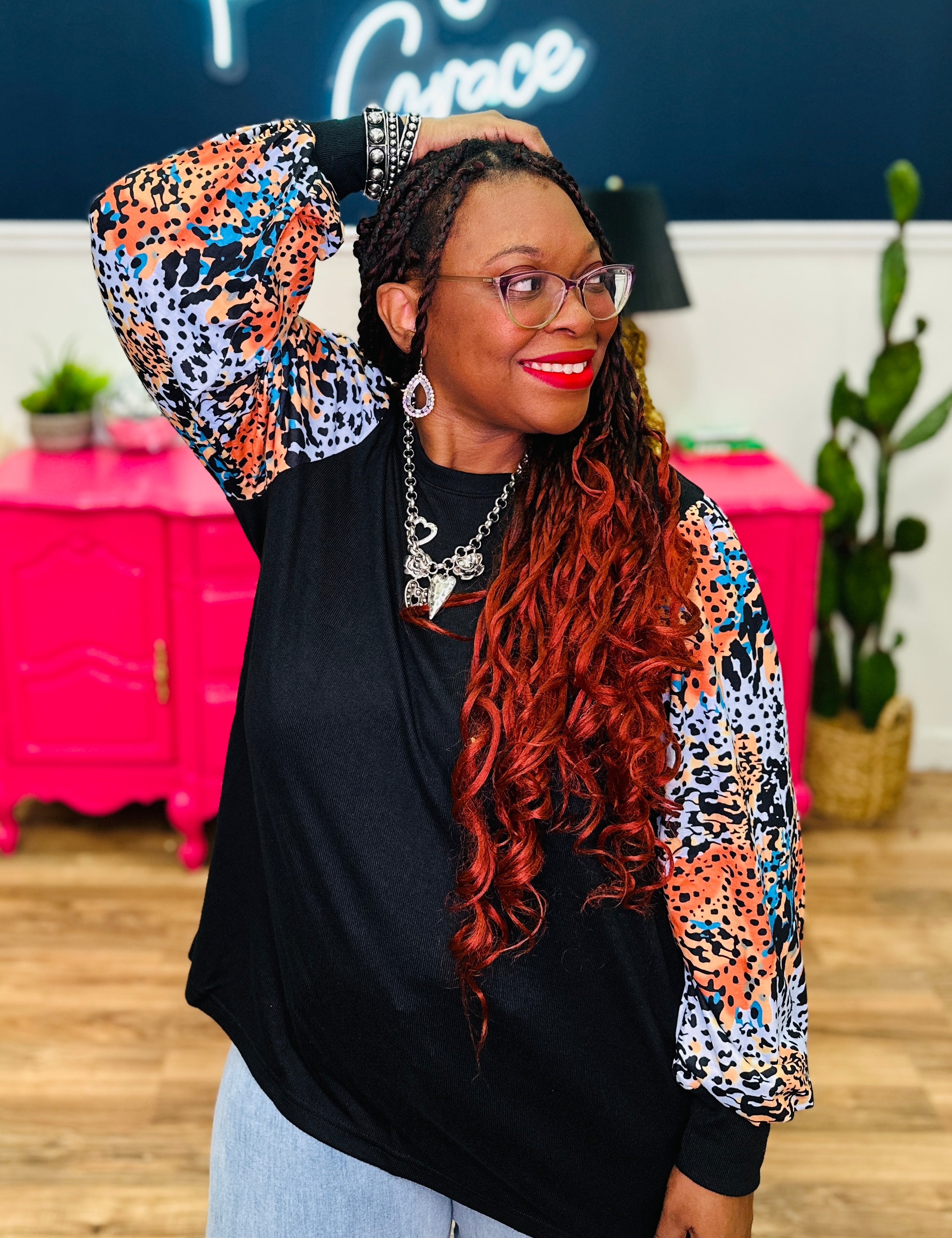 Black Top with Watercolor Animal Print Sleeves - LAST ONES FINAL SALE