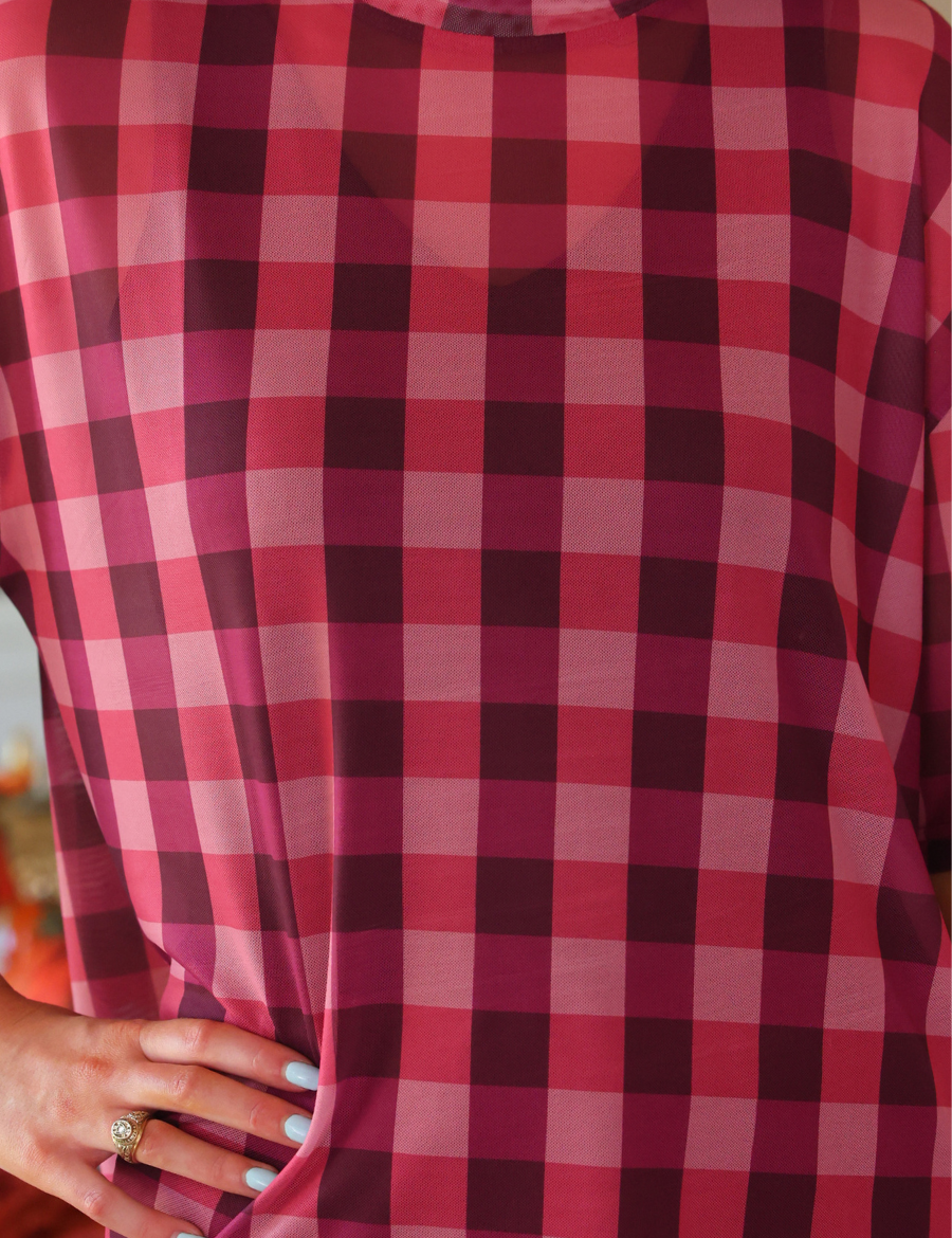 Emma Mesh Tee- Cranberry Gingham - PREORDER