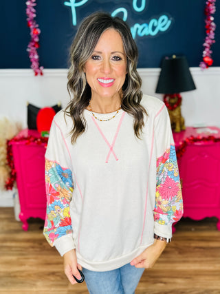 Floral Contrast Sleeve Pullover Top
