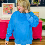 Pearl Studs Long Sleeves Top With Lettuce Rib - Blue - FINAL SALE