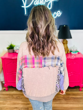 Washed Fabric Mix Detailed Long Sleeve Top