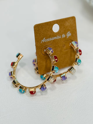 Gold Hoop Earrings with Colored Studs - 2 Colors