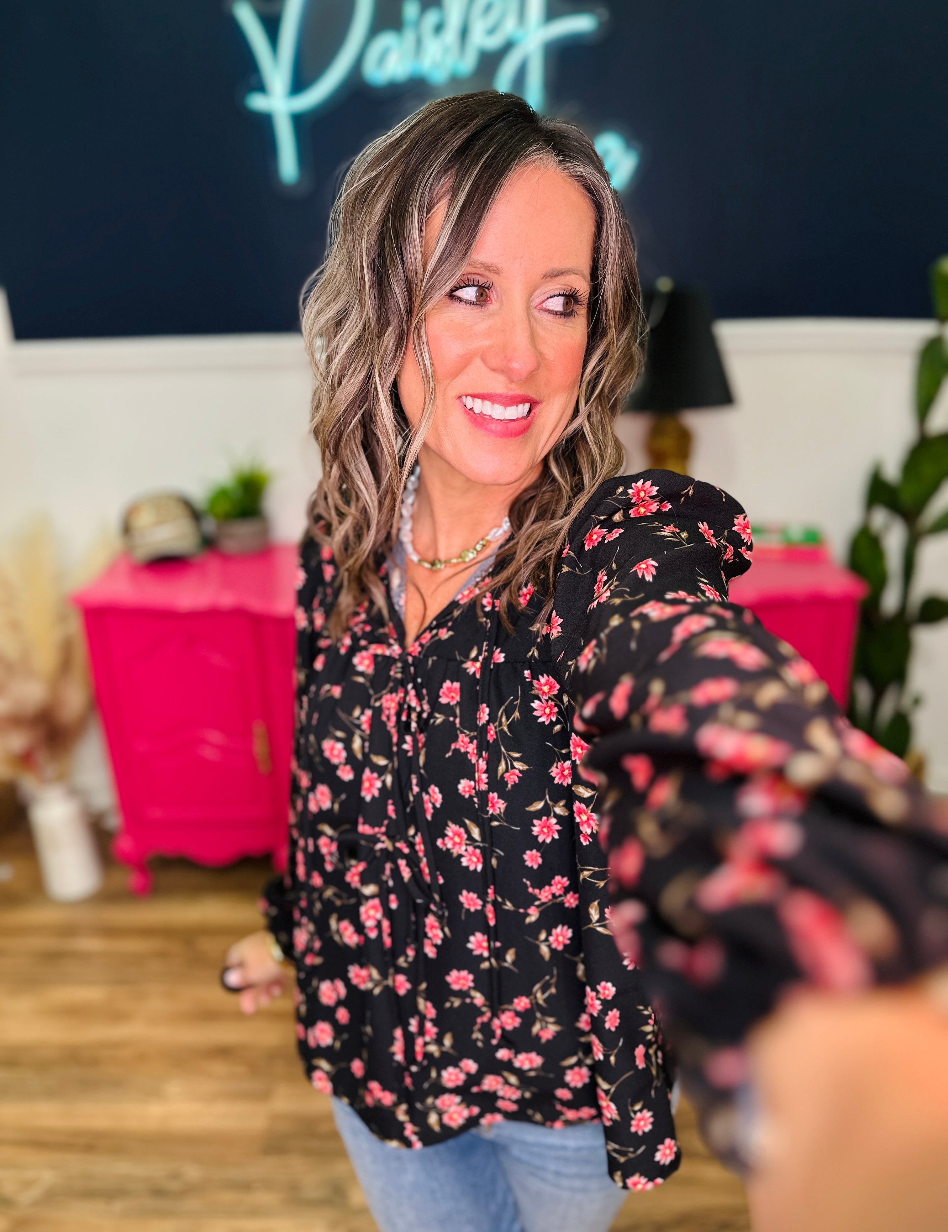 Floral Print With Front Ribbon Detail Top - FINAL SALE