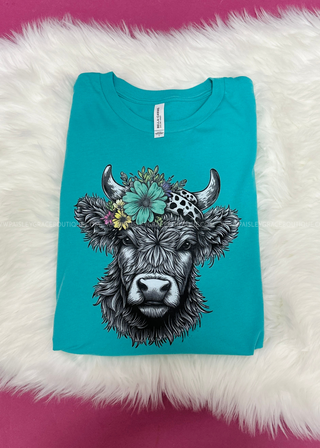 Floral Highland Cow Long Sleeve Graphic Tee