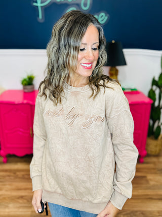 Washed Embroidered  Mocha Pullover