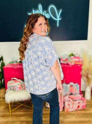 Betty Light Blue Top With Ivory Floral Stitch