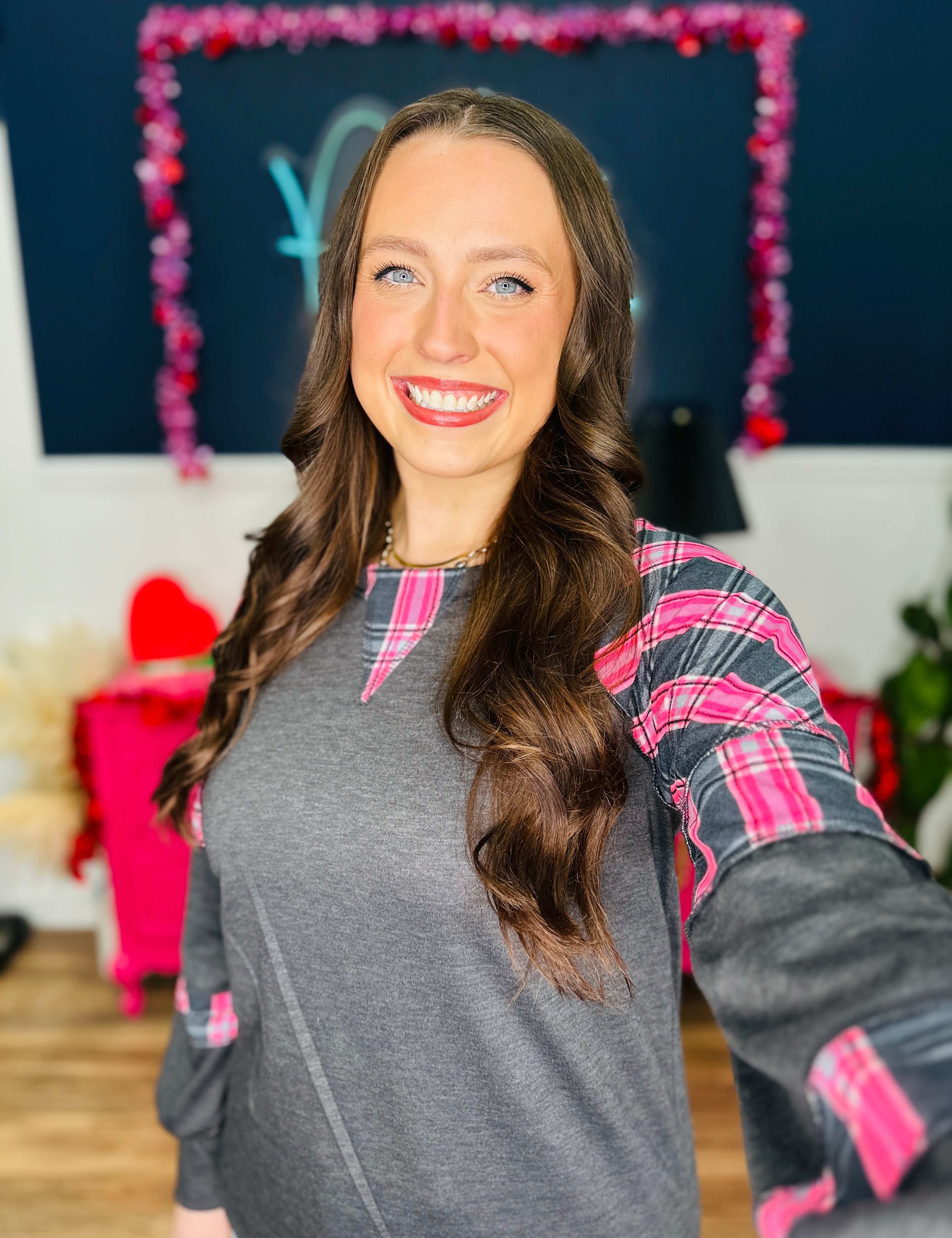 Plaid Contrast Long Sleeve Pullover Top - FINAL SALE