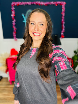 Plaid Contrast Long Sleeve Pullover Top