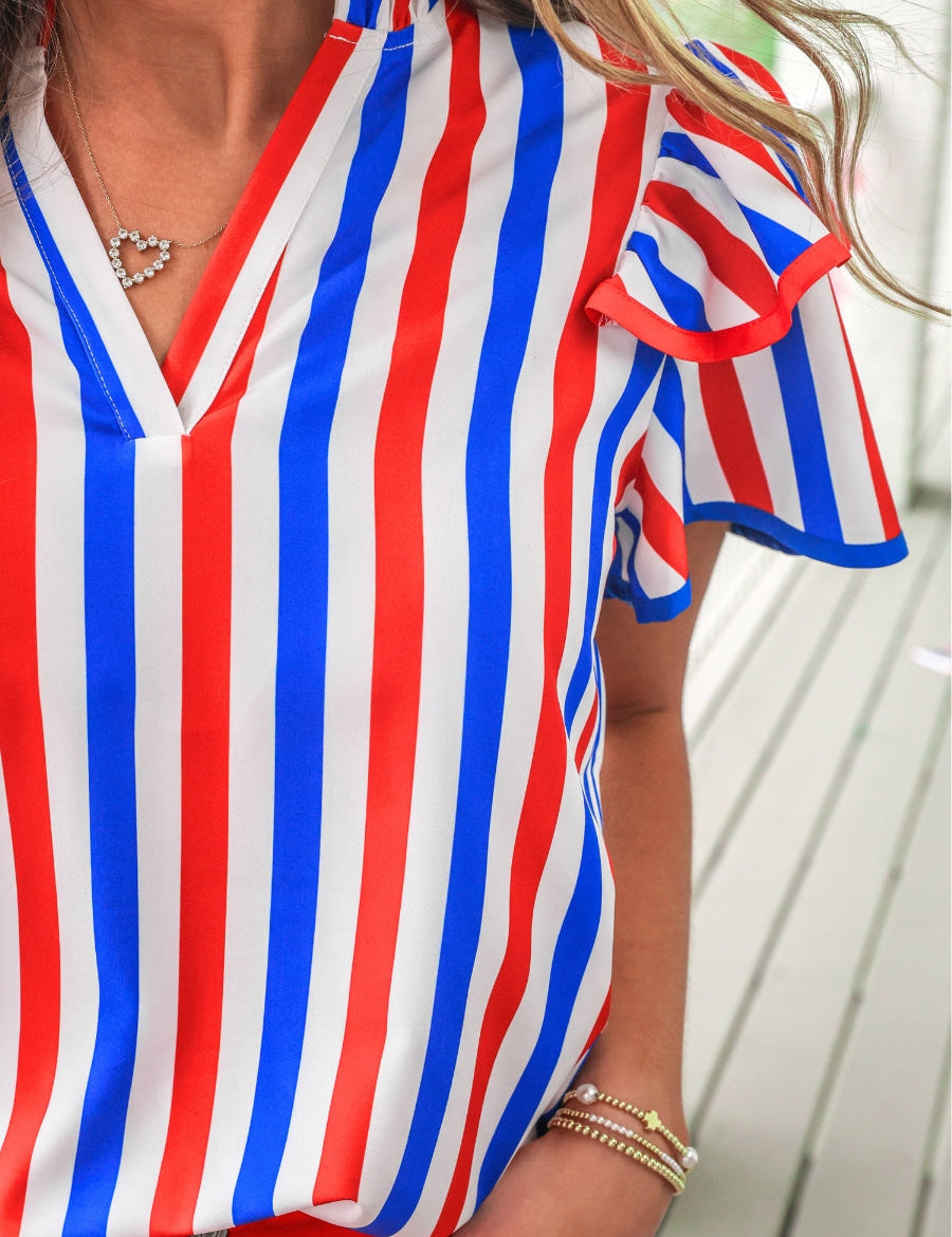 Kennedy Flutter Sleeve Blouse- Patriotic Stripes