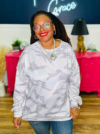 Oversized Grey Distressed Camo Long Sleeve Top