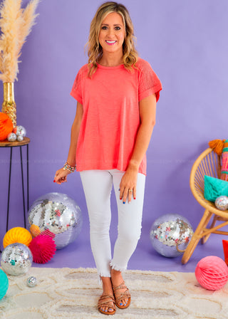 Settle in Seattle Lace Trim Top - Coral - FINAL SALE